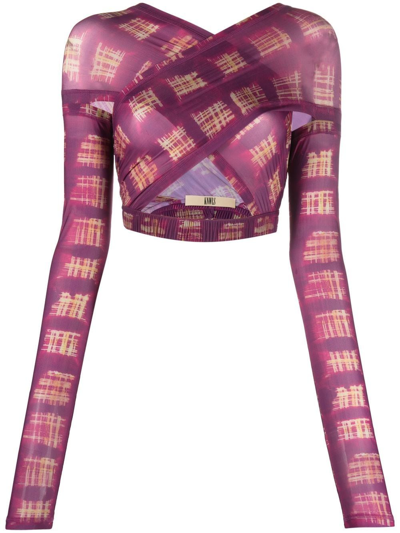 Knwls Print Mesh Cropped Top In Acid Plaid Purple