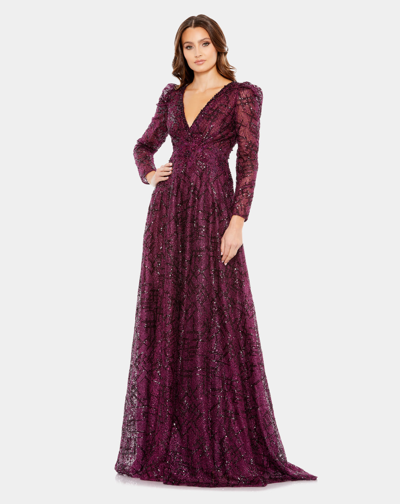 Mac Duggal Embellished V Neck Long Sleeve A Line Gown In Plum