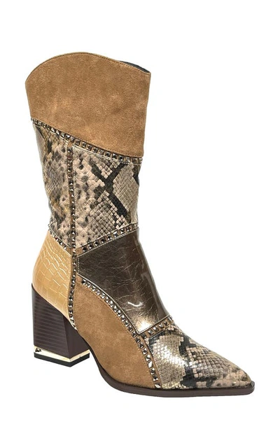 Lady Couture Art Patchwork Studded Snake Embossed Boot In Taupe