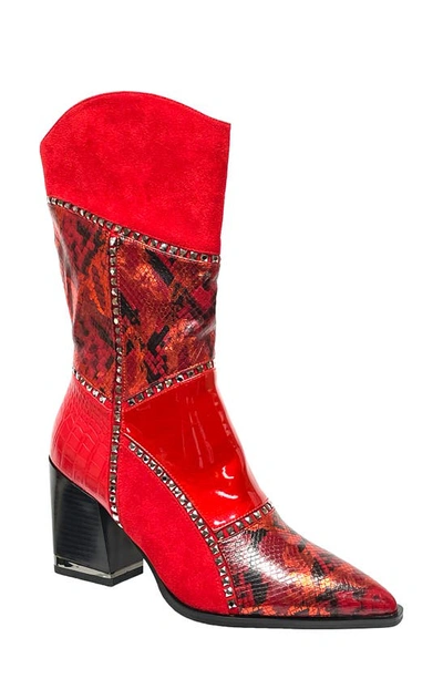 Lady Couture Art Patchwork Studded Snake Embossed Boot In Red