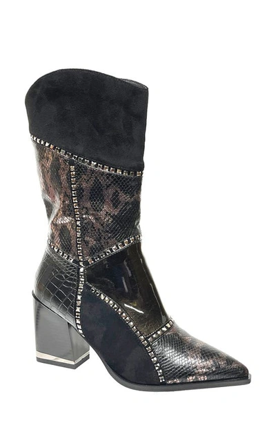 Lady Couture Art Patchwork Studded Snake Embossed Boot In Black