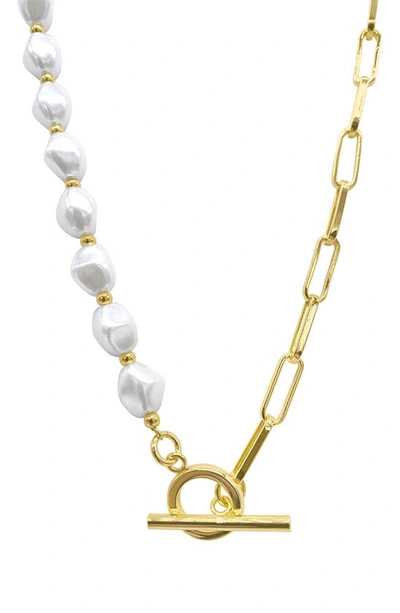 Adornia Imitation Pearl & Paperclip Link Toggle Necklace In White