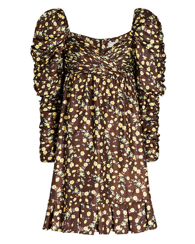 Autumn Adeigbo Bridgette Floral Ruched Mini Empire Dress In Brown Yellow Flor