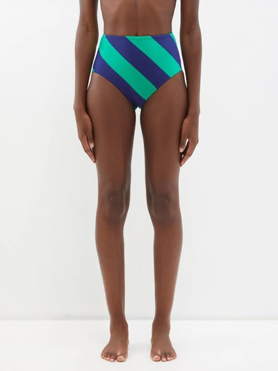 Zimmermann Tiggy High-rise Striped Bikini Briefs In Navy Green Stripe