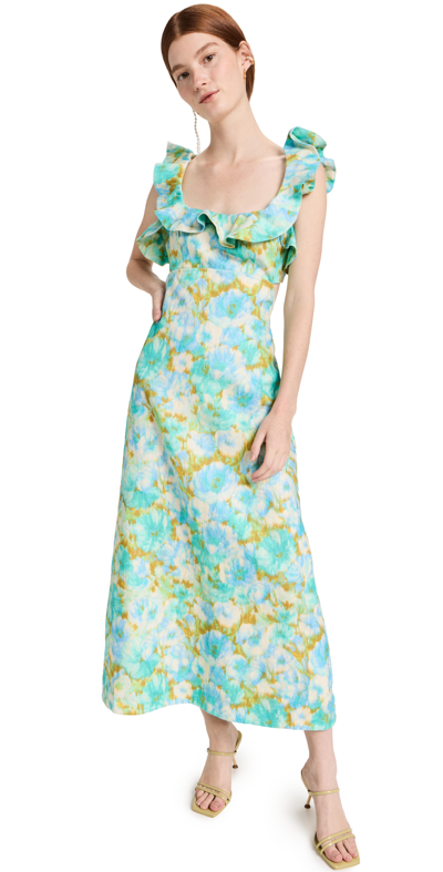 Zimmermann High Tide Open-back Ruffled Floral-print Linen Midi Dress In Blue-lt