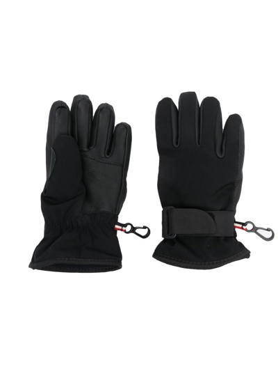 Moncler Kids' Logo-patch Leather Trim Gloves In Black