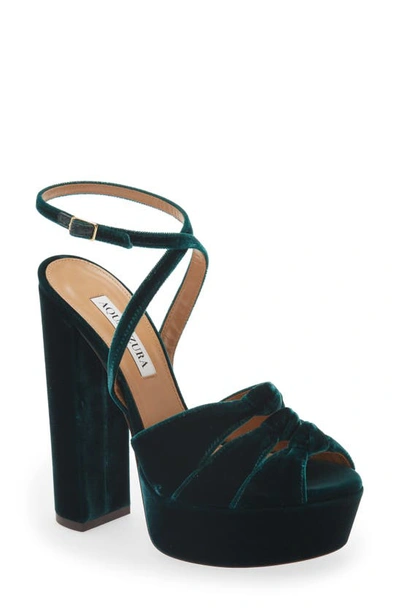 Aquazzura Mira Velvet Knot Ankle-strap Platform Sandals In Verde