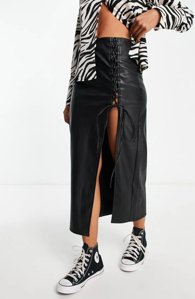Topshop Lace Up Faux Leather Midi Skirt In Black ModeSens