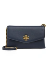 Tory Burch Kira Pebble Leather Wallet On A Chain In Royal Navy