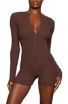 Skims Lounge Long Sleeve Henley Romper In Cocoa