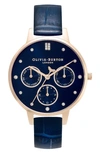 Olivia Burton Multifunction Leather Strap Chronograph Watch, 34mm In Blue