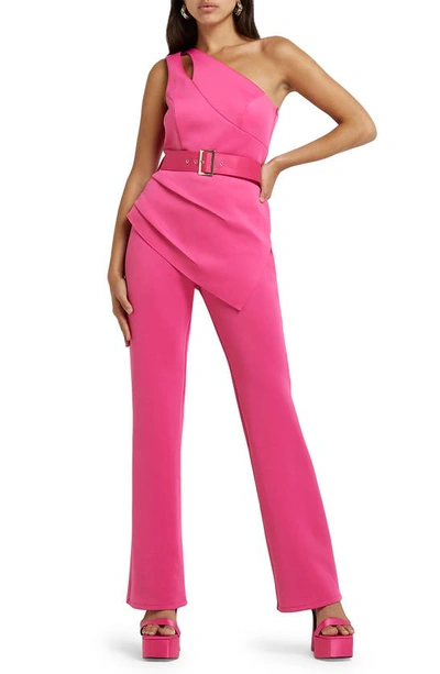 River Island Belted One-shoulder Sleeveless Jumpsuit In Pink