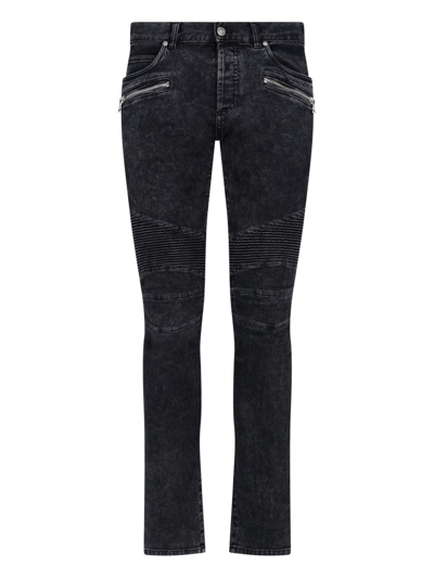 Balmain Slim Cut Ripped Cotton Jeans In Black