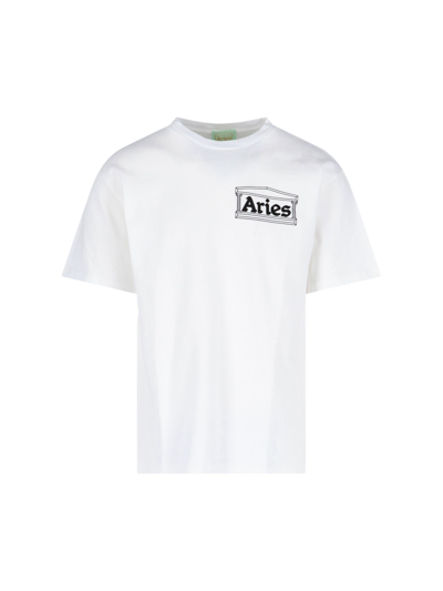 Aries White Cotton T-shirt With Logo Print In Bianco