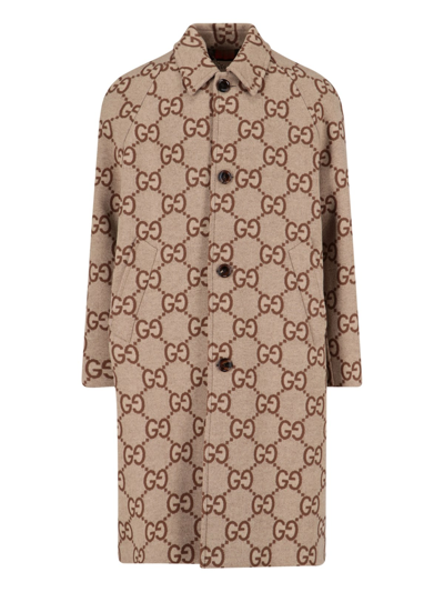 Gucci Monogram Logo Coat In Beige