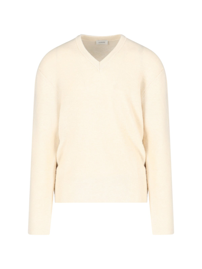 Lemaire Wool Knit V Neck Jumper In Neutrals