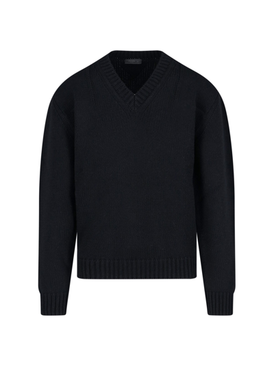 Prada V-neck Ribbed Knit Sweater In Nero