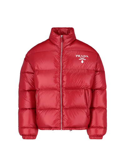 Prada Red Re-nylon Padded Jacket With Logo In Rosso