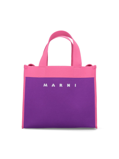 Marni Logo Detailed Small Knitted Tote Bag In Viola