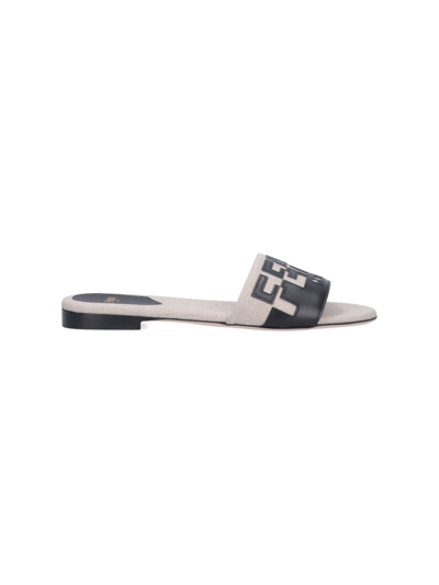 Fendi Logo-embroidered Leather Slides In White