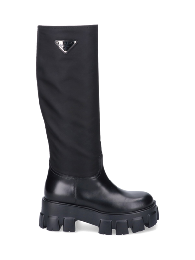 Prada Re-nylon And Calfskin Leather Boots In Nero