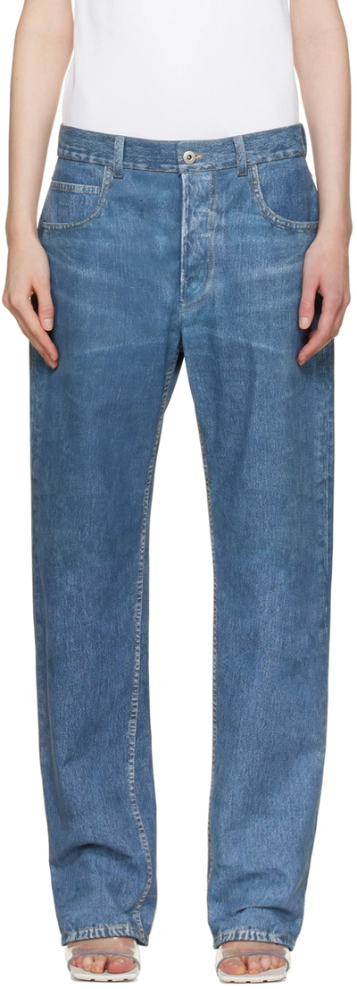 Bottega Veneta Denim-printed Wide-leg Leather Pants In 4600 Medium Blue Den