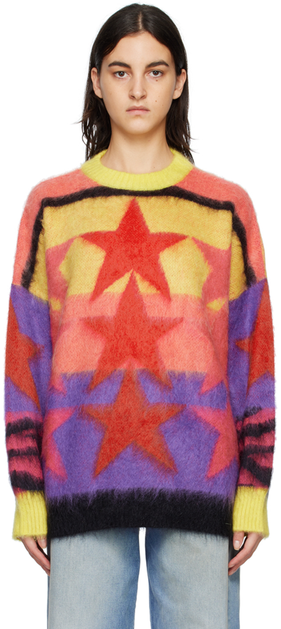 Palm Angels Stars Knit Mohair Blend Sweater In Yellow,purple