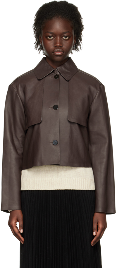 Theory Brown Crop Trench Leather Jacket In Brownstone