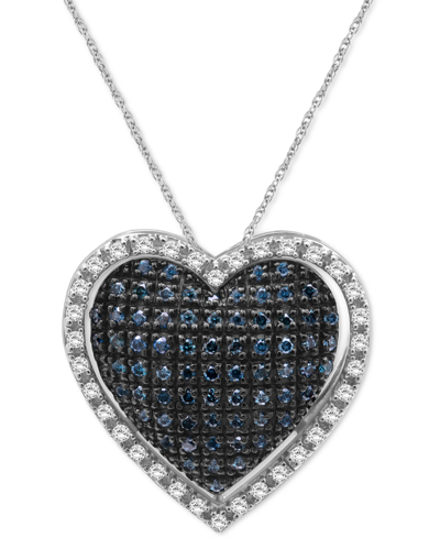Macy's Blue Diamond (5/8 Ct. T.w.) & White Diamond (3/8 Ct. T.w.) Heart Halo 18" Pendant Necklace In Sterli In Sterling Silver