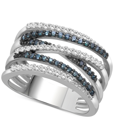 Macy's Blue Diamond (1/4 Ct. T.w.) & White Diamond (1/4 Ct. T.w.) Multirow Statement Ring In Sterling Silve In Sterling Silver