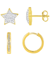 AND NOW THIS 2 PAIR CRYSTAL HINGED HOOP AND CRYSTAL PAVE STAR STUD GOLD-PLATED EARRING SET