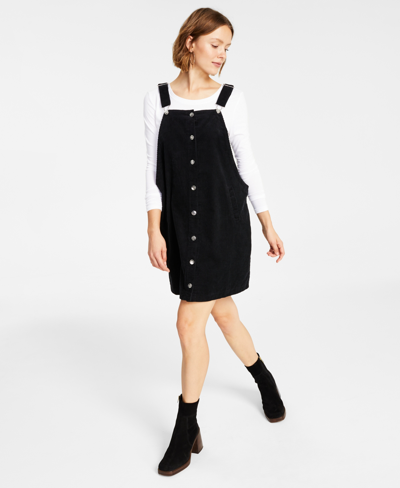 Celebrity Pink Juniors' Cotton Corduroy Button-front Pinafore In Black