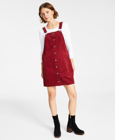 Celebrity Pink Juniors' Cotton Corduroy Button-front Pinafore In Burgundy