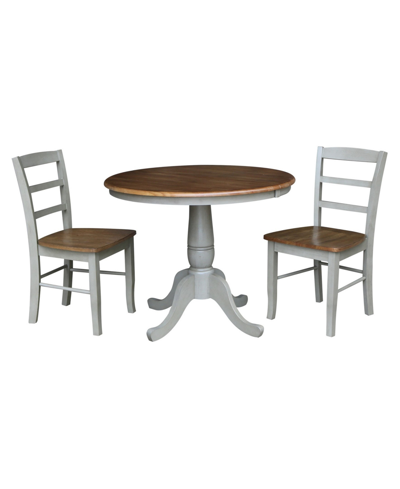 International Concepts 36" Round Extension Dining Table With 2 Madrid Ladderback Chairs, 3 Piece Dining Set In Distressed Stone