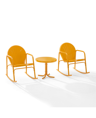 Crosley Griffith 3 Piece Outdoor Metal Rocking Chair Set In Tangerine Gloss