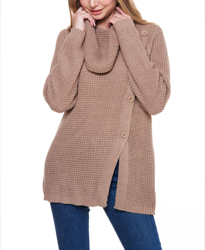 Fever Women's Waffle Knit Cowl Neck Sweater With Buttons In Tan/beige