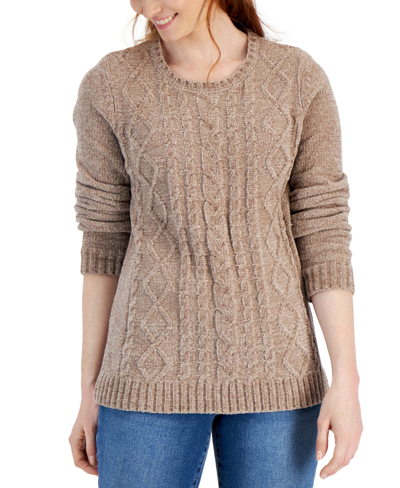 Karen Scott Women's Crewneck Cable Sweater, Created For Macy's In Chestnut Heather Neps
