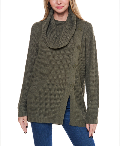 Fever Women's Waffle Knit Cowl Neck Sweater With Buttons In Olive