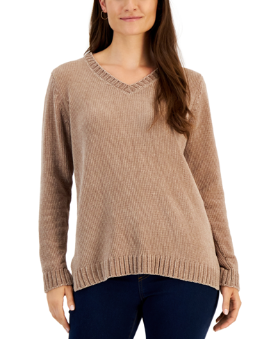 Karen Scott Women's V-neck Chenille Sweater, Created For Macy's In Chestnut