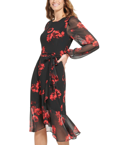 Tommy Hilfiger Women's Chiffon Illusion-sleeve Shift Dress In Black Scarlet