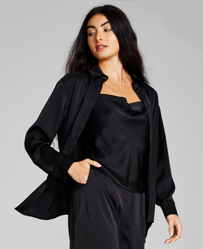 And Now This Women's Oversized Satin Collared Long-sleeve Shirt In Black