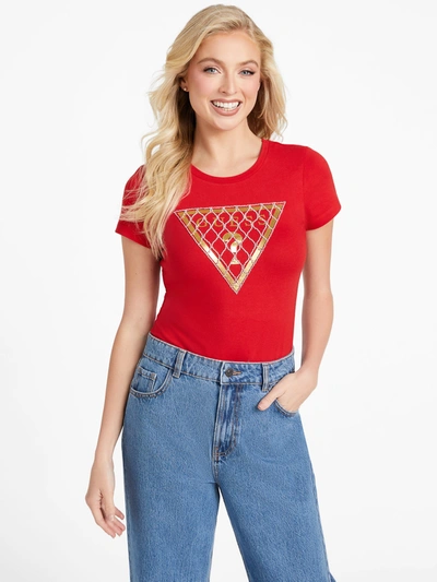 Guess Factory Rhinestone Mesh Logo Tee In Red