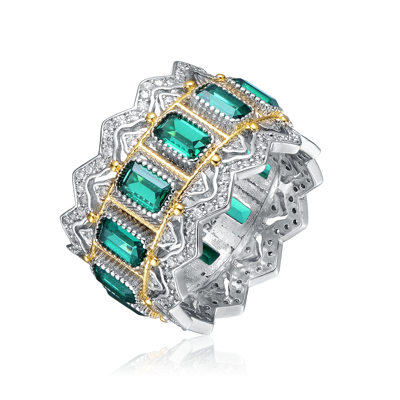 Genevive Sterling Silver Rhodium And 14k Gold Plated Emerald Cubic Zirconia Coctail Ring In Green