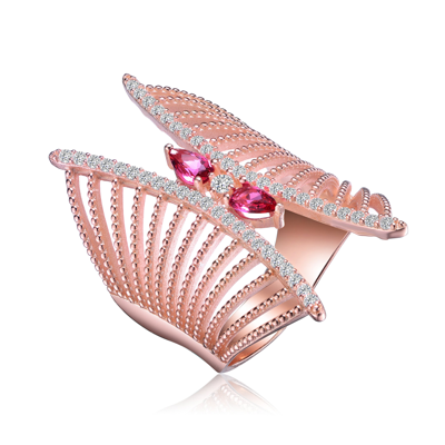 Genevive Sterling Silver Rose Gold Plated Red Cubic Zirconia Accent Butterfly Design Setting Ring In Pink