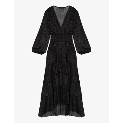 Maje Ruffiniti V-neck Woven Midi Dress In Noir / Gris