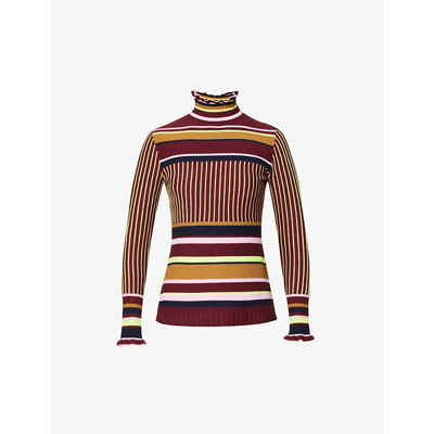 Brøgger Olivia Striped Frilled-collar Stretch-knit Top In Fine Rib