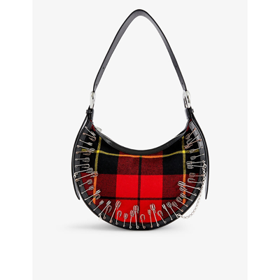 Marine Serre Crescent Moon Tartan Wool And Leather Shoulder Bag In Red