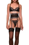 Hauty Floral Embroidered Mesh Bra, Thong & Garter Belt In Fuchsia-black
