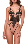 Hauty Stappy Lace & Mesh Teddy In Nude-black