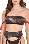 Hauty Printed Satin Bandeau Bra, Garter Belt & Thong In Red-black